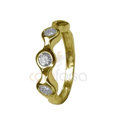 Gold plated sterling silver wavy ring with three zircons