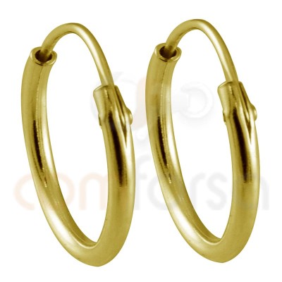 Sterling silver 925 gold-plated tube hoop earring 1.2 mm thick 12 mm