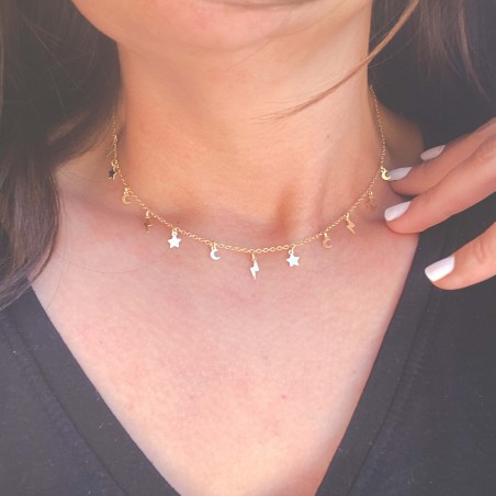 Sterling silver 925 gold-plated lightning bolt, star and moon choker 40+5 cm