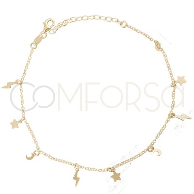 Sterling silver 925 gold-plated moon, stars, and lightning bolts anklet 21.5 cm