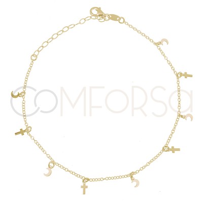 Sterling silver 925 gold-plated moon and stars anklet 21.5 cm