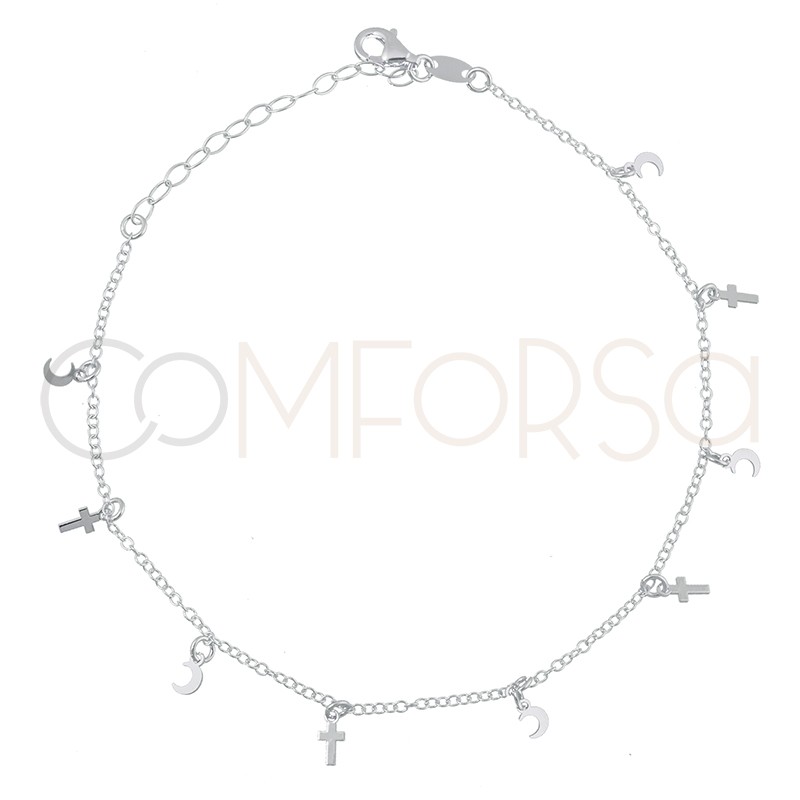 Sterling silver 925 cross and moon anklet 21.5cm