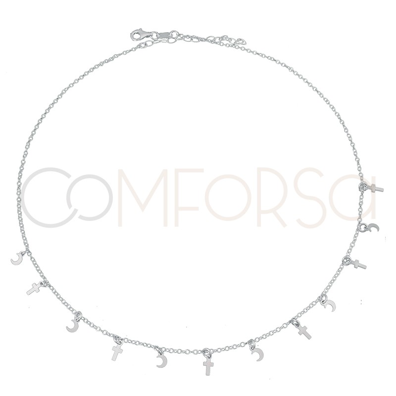 Sterling silver 925 cross and moon choker 40+5 cm