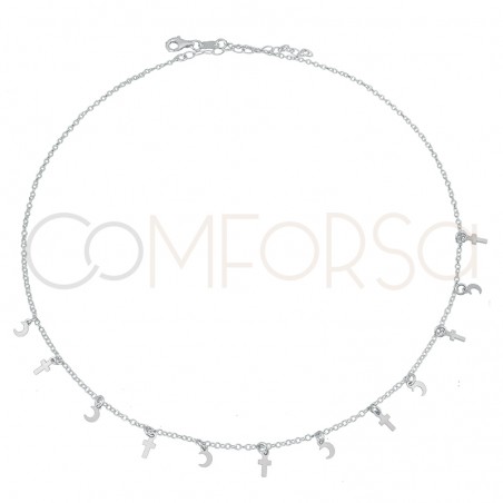 Sterling silver 925 cross and moon choker 40+5 cm