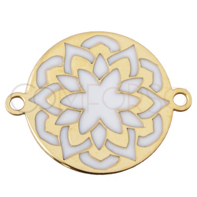Sterling silver 925 gold-plated mandala connector with white enamel 17 mm