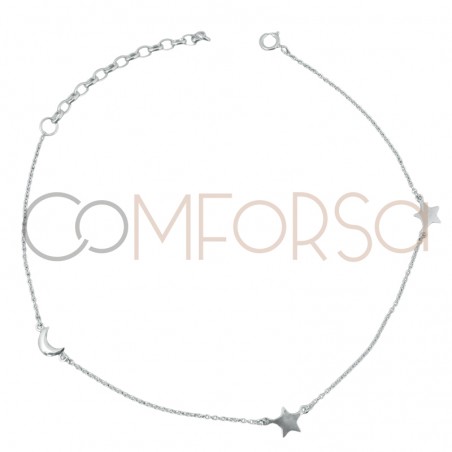 Sterling silver 925 stars and moon anklet 21.5cm