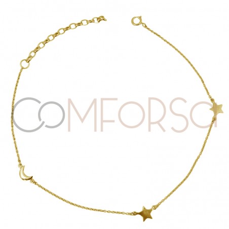 Sterling silver 925 gold-plated stars and moon anklet 21.5 cm