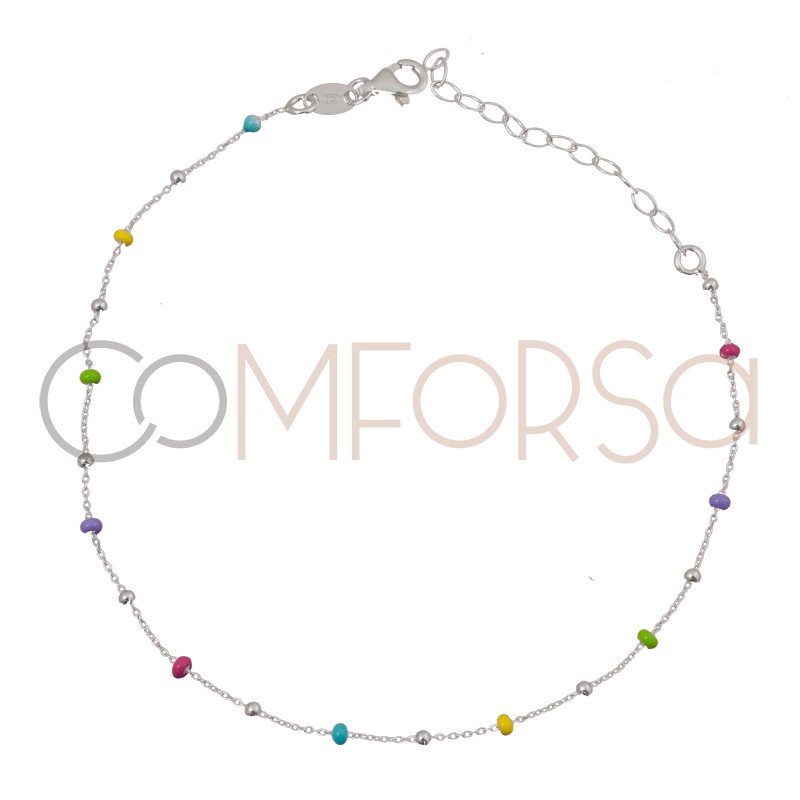 Sterling silver 925 silver and rainbow enamel balls anklet