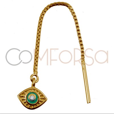 Sterling silver 925 gold-plated earring with chain and Turkish eye pendant 7 x 6 mm