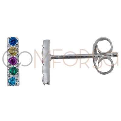 Sterling silver 925 bar earring with multicolour zirconias 2 x 8 mm