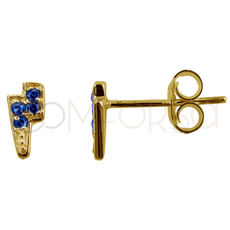 Sterling silver 925 gold-plated lightning bolt earring with capri blue zirconia 7 x 3.8mm