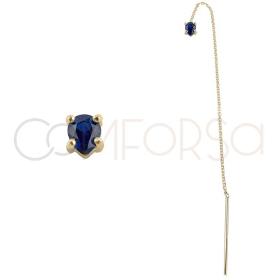 Sterling silver 925 gold-plated chain earring with Capri Blue zirconia 4x5mm