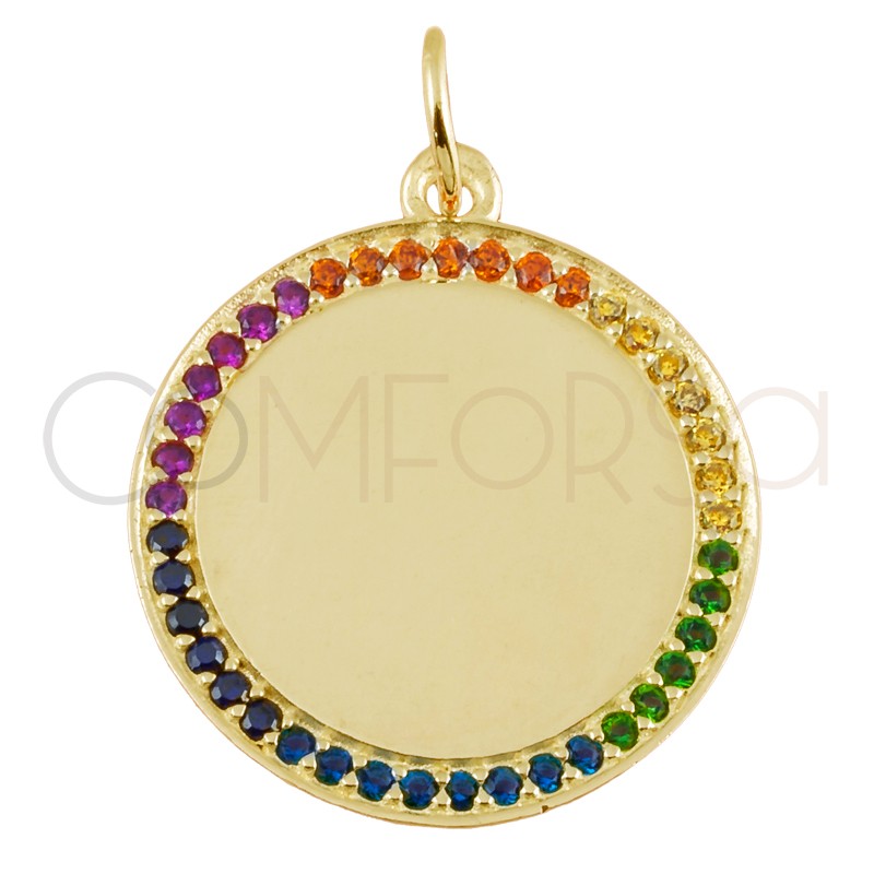 Engraving + Sterling silver 925 gold-plated colourful zirconias pendant 20mm