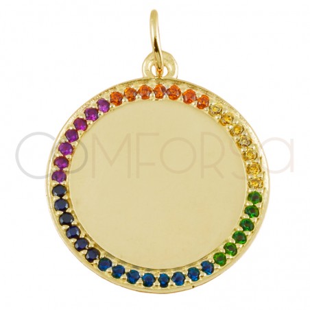Engraving + Sterling silver 925 gold-plated colourful zirconias pendant 20mm