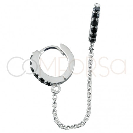 Sterling silver 925 double hoop earring with "jet" zirconias and chain