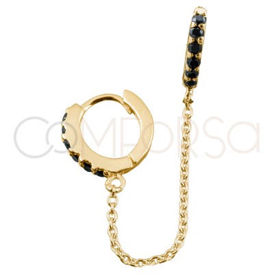 Sterling silver 925 gold-plated double hoop earring with "jet" zirconias and chain