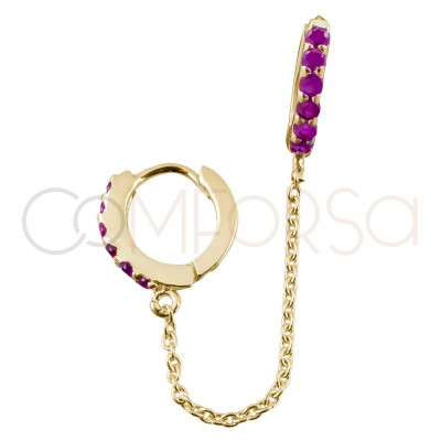 Sterling silver 925 gold-plated double hoop earring with rubi zirconias and chain
