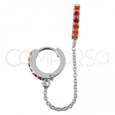 Sterling silver 925 double hoop earring with orange zirconias and chain