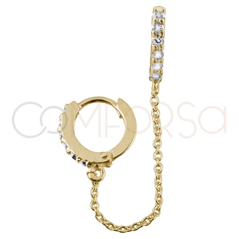 Sterling silver 925 gold-plated double hoop earring with white zirconias and chain