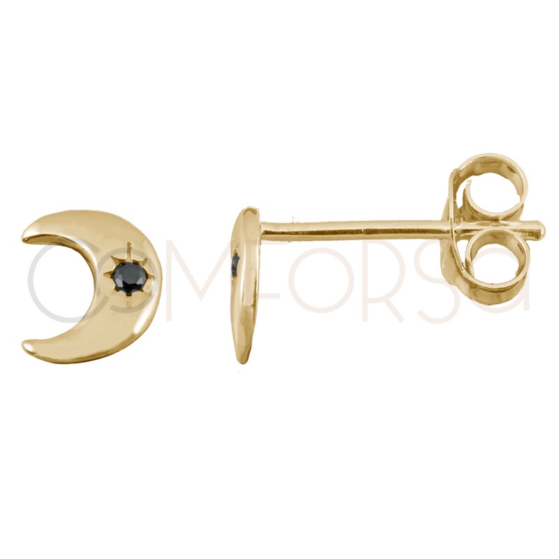 Sterling silver 925 gold-plated moon earrings with jet zirconia 6x5mm