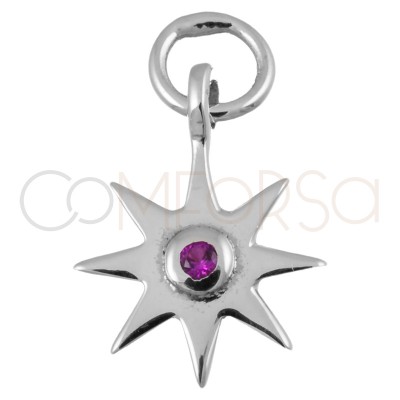 Sterling silver 925 star pendant with fuchsia zirconia 10mm