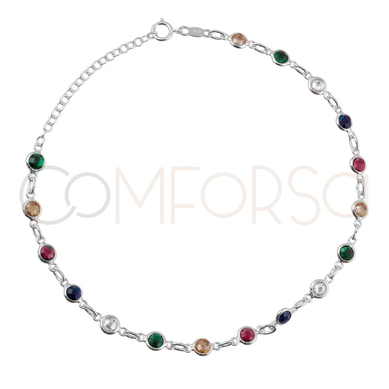 Sterling silver 925 colourful zirconias anklet 21+4cm