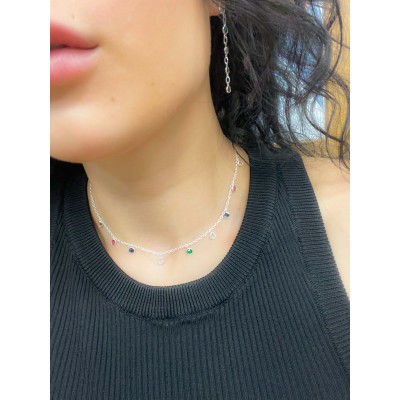 Sterling silver 925 choker with multicolour zirconias 36 cm + 6cm