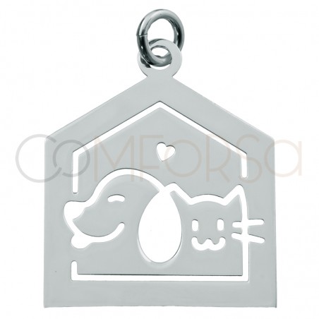 Sterling silver 925 house pendant with dog and cat 22x18mm