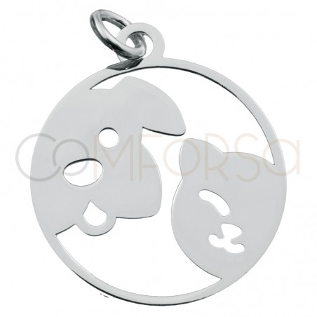 Sterling silver 925 round pendant with cat and dog head 18mm