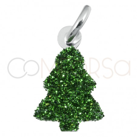 Sterling silver 925 Christmas tree pendant with green glitter 12x7.5mm