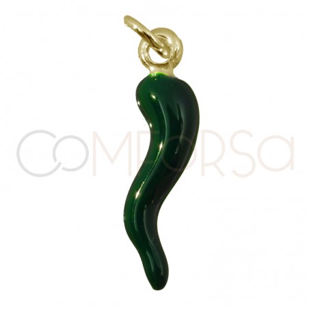 Gold-plated sterling silver 925 green enamelled chilli pendant 5 x 20 mm