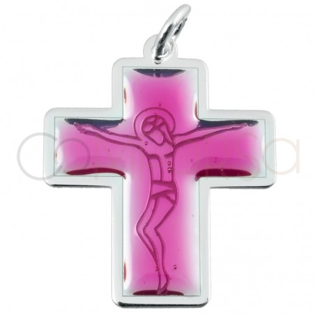 Sterling silver 925 Christ on the Cross pink medallion 10 x 17mm