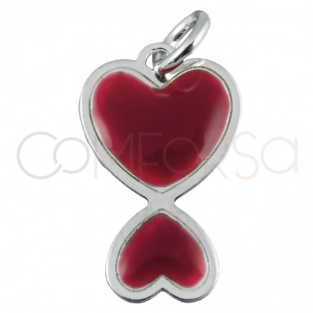 Sterling silver 925 enamelled red double heart pendant 10x16mm