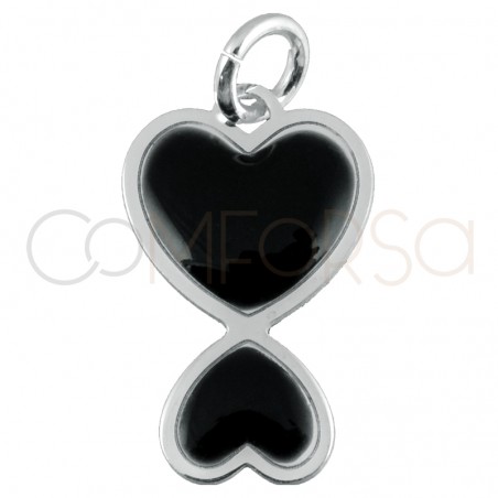 Sterling silver 925 enamelled black double heart pendant 10x16mm