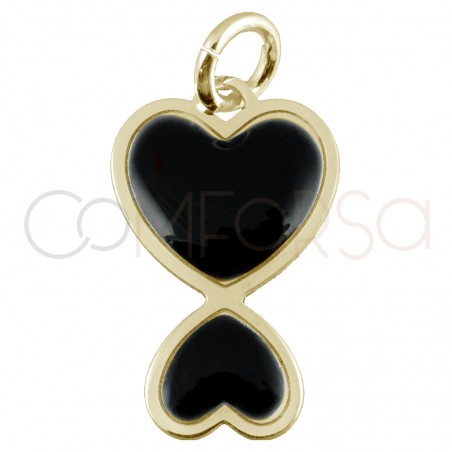 Gold-plated sterling silver 925 enamelled black double heart pendant 10x16mm