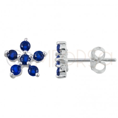 Sterling silver 925 five zirconia flower Blue earring 8x8mm