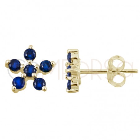 Gold-plated sterling silver 925 five zirconia flower Blue earring 8x8mm