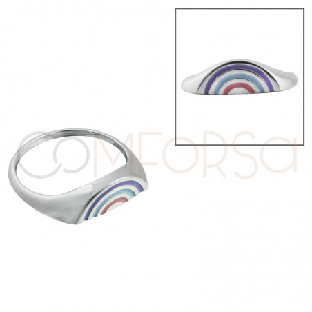 Sterling silver 925 1 sided flat ring with rainbow detail (arm with one flat face: 0,26cm)