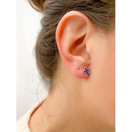 Gold-plated sterling silver 925 cross earrings with Blue enamel 7x10mm