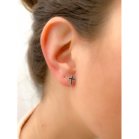 Sterling silver 925 cross earrings with Jet enamel 7x10mm