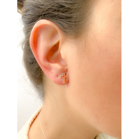 Sterling silver 925 cross earrings with orange-amber enamel 7x10mm