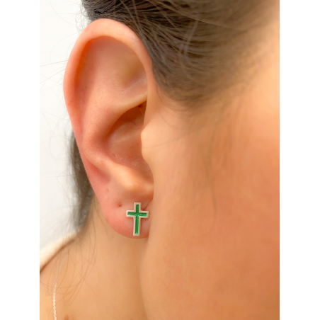 Gold-plated sterling silver 925 cross earrings with Green enamel 7x10mm