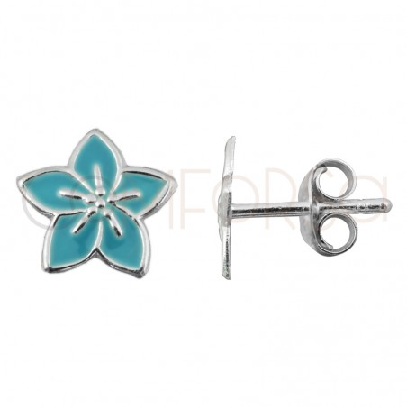 Sterling silver 925 blue Hawaiian flower earrings 8 x 8mm