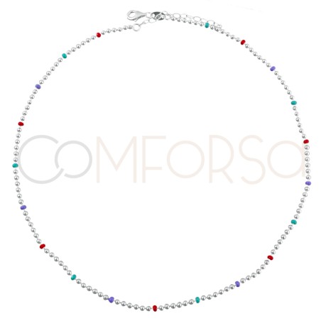 Sterling silver 925 choker with green, coral and lilac balls 40 cm + 5 cm