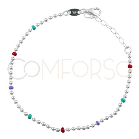 Sterling silver 925 bracelet with green, coral and lilac balls 17cm + 4cm