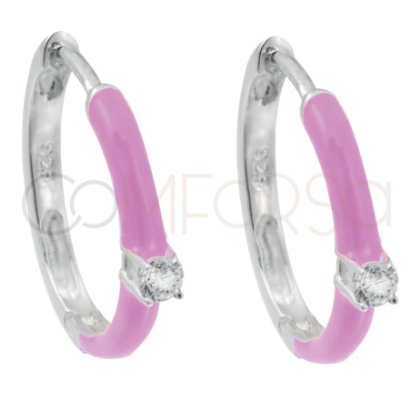Sterling silver 925 pink enamel hoop earrings with zirconia