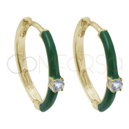 Gold-plated sterling silver 925 green enamel hoop earrings with zirconia