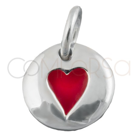 Sterling silver 925 round pendant with red heart 8mm