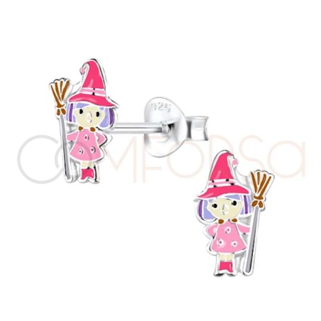 Sterling silver 925 enamelled little witch with broomstick earrings 7 x 10mm