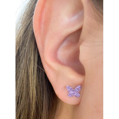 Sterling silver 925 violet glitter butterfly earrings 8.5x7mm